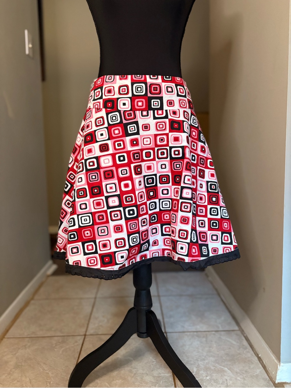 My Michelle Red, Black & White Square-Print A-Line Skirt